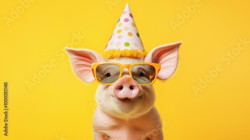 Adorably Dressed Pig Wearing Party Hat and Glasses on Yellow Background photo