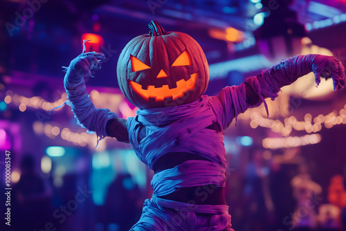 Ghost with bandages on its face and body Dancing with halloween pumpkin on heead in club Halloween concept. photo