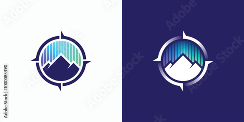 A combination logo that combines the shape of a mountain, a compass and aurora light. Icon for business, outdoor, travel and personal branding.