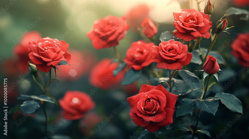 A bush of red roses in full bloom,
A bush of red roses in full bloom,