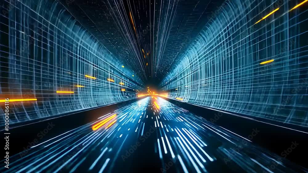 Futuristic Light Speed Tunnel with Blurring Digital Lines and Lights

