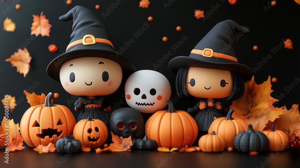 Cute Halloween Characters with Pumpkins and Spooky Autumn Decorations Cute Halloween Characters with Pumpkins and Spooky Autumn Decorations