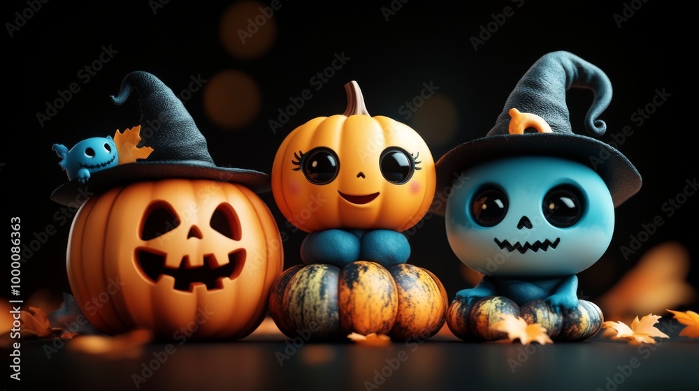Cute Halloween Characters with Pumpkins and Spooky Autumn Decorations Cute Halloween Characters with Pumpkins and Spooky Autumn Decorations
