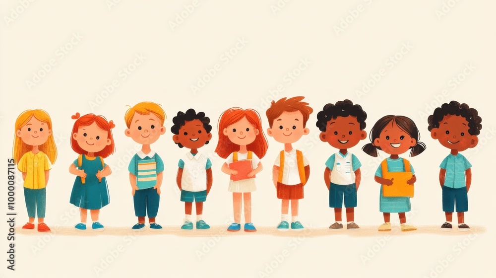 A group of diverse school children standing side by side, smiling and showing unity and togetherness in a vibrant illustration A group of diverse school children standing side by side, smiling and showing unity and togetherness in a vibrant illustration