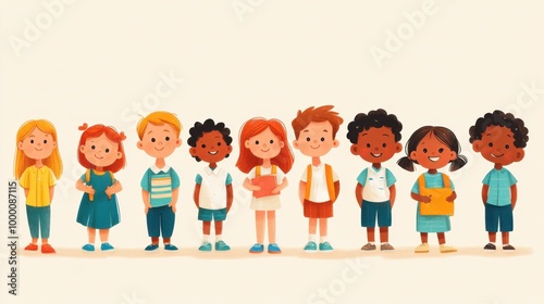 A group of diverse school children standing side by side, smiling and showing unity and togetherness in a vibrant illustration