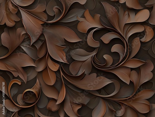 Abstract ornate floral pattern with brown leaves, providing an elegant and artistic background design suitable for various uses.
