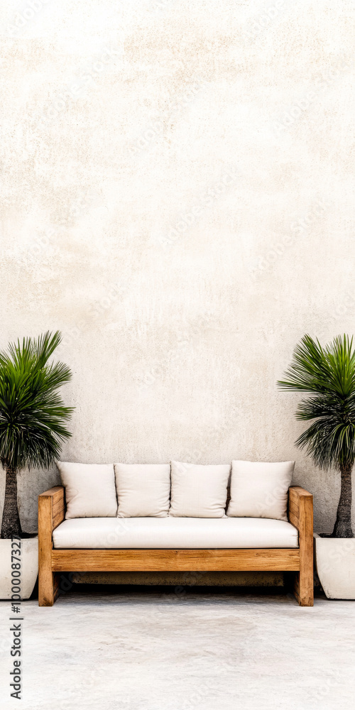Fototapeta premium Stylish outdoor seating area with wooden bench and potted palm trees under a clear sky