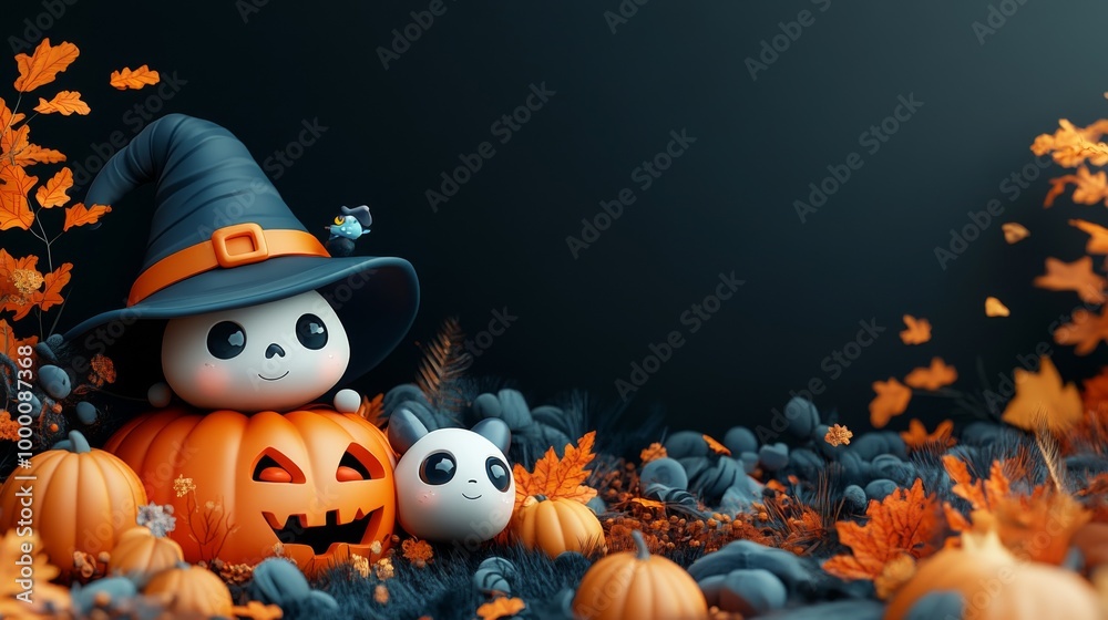 Cute Halloween Characters with Pumpkins and Spooky Autumn Decorations Cute Halloween Characters with Pumpkins and Spooky Autumn Decorations