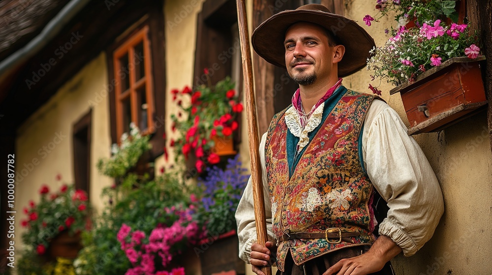 Obraz premium A man dressed in a traditional Czech folk costume, standing in front of a historic village house with colorful flower boxes.