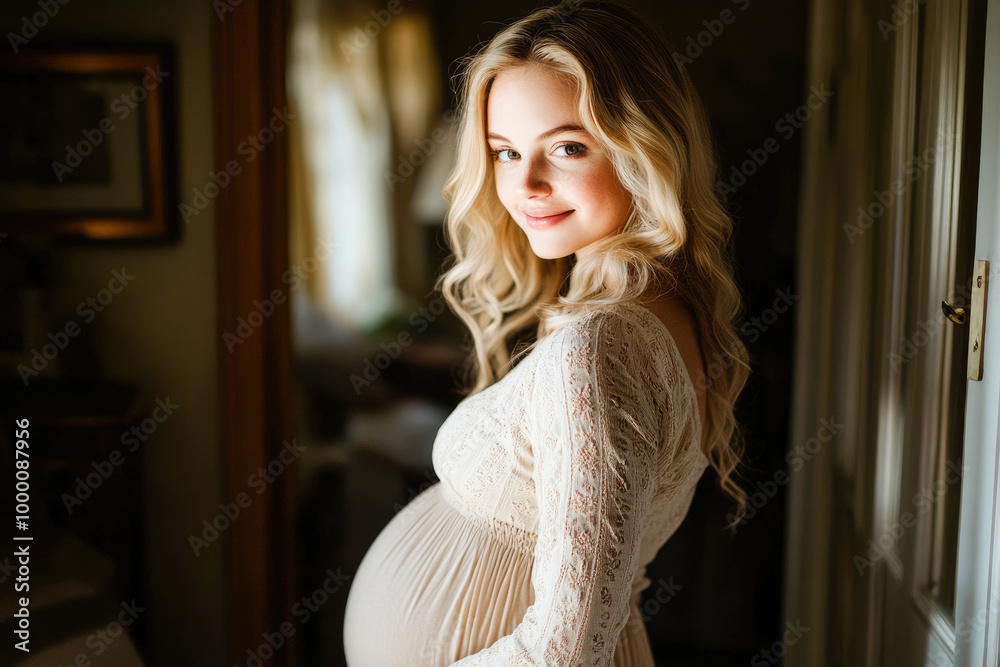Smiling pregnant woman in elegant dress, radiating beauty and joy in a cozy home setting. Smiling pregnant woman in elegant dress, radiating beauty and joy in a cozy home setting.