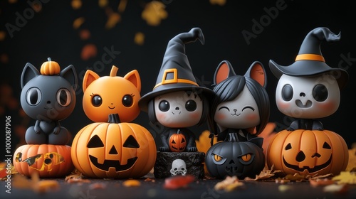 Cute Halloween Characters with Pumpkins and Spooky Autumn Decorations