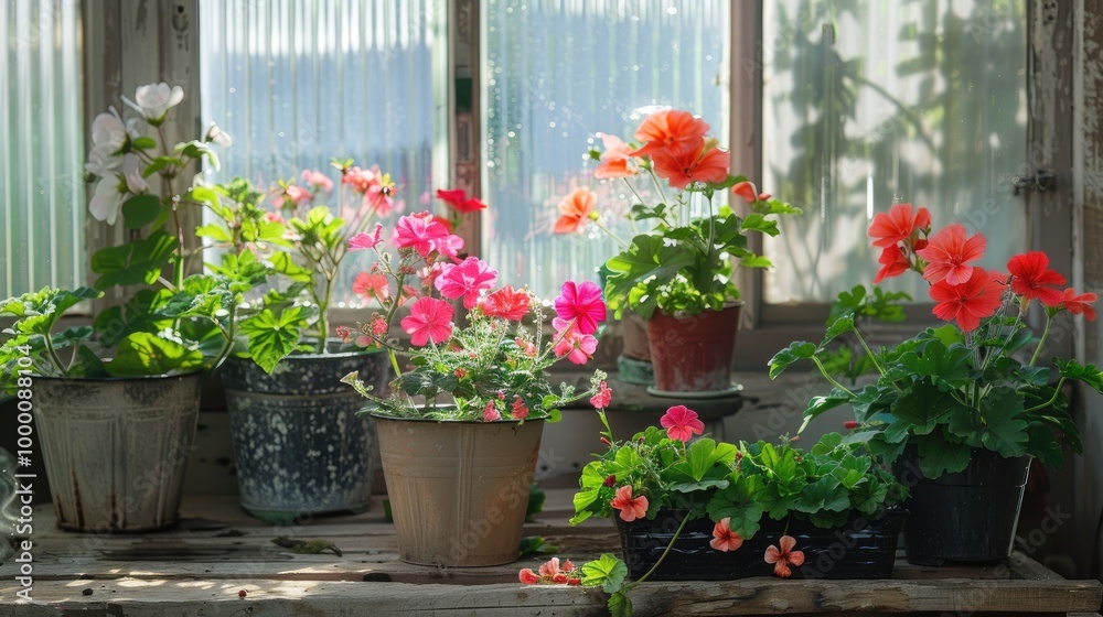 Fototapeta premium Geranium In Tubs And Different Flowers In The Greenhouse