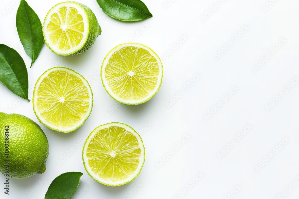 Fresh limes and leaves on white background.