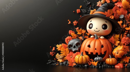 Cute Halloween Characters with Pumpkins and Spooky Autumn Decorations