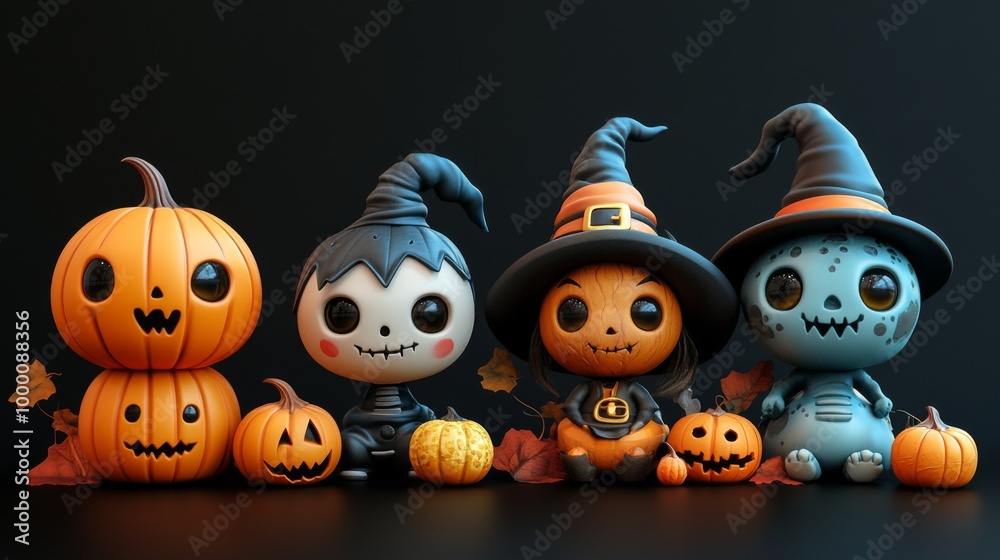 Obraz premium Cute Halloween Characters with Pumpkins and Spooky Autumn Decorations