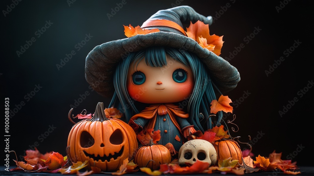 Cute Halloween Characters with Pumpkins and Spooky Autumn Decorations Cute Halloween Characters with Pumpkins and Spooky Autumn Decorations
