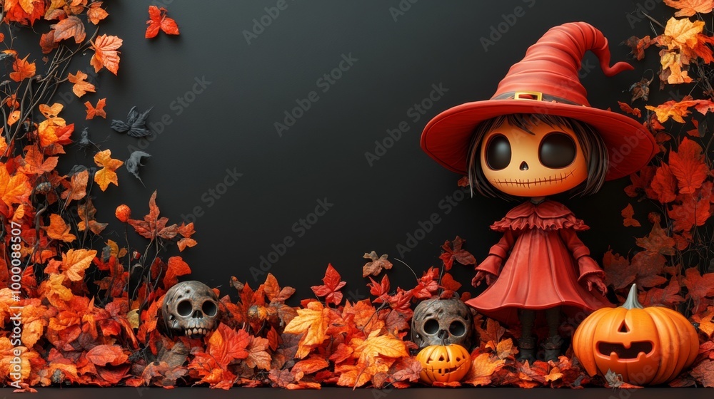 Naklejka premium Cute Halloween Characters with Pumpkins and Spooky Autumn Decorations