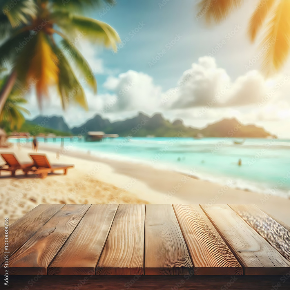 Fototapeta premium Wood table with beach background. Wood table to represent product.