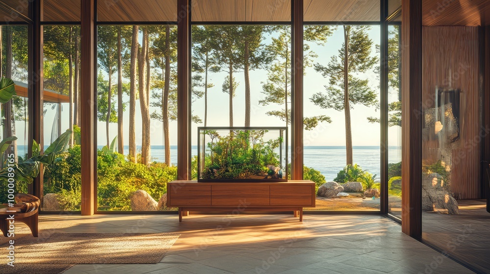 An upscale coastal home interior, featuring the forest-filled glass box resting on a wooden sideboard, framed by large, ocean-facing windows An upscale coastal home interior, featuring the forest-filled glass box resting on a wooden sideboard, framed by large, ocean-facing windows