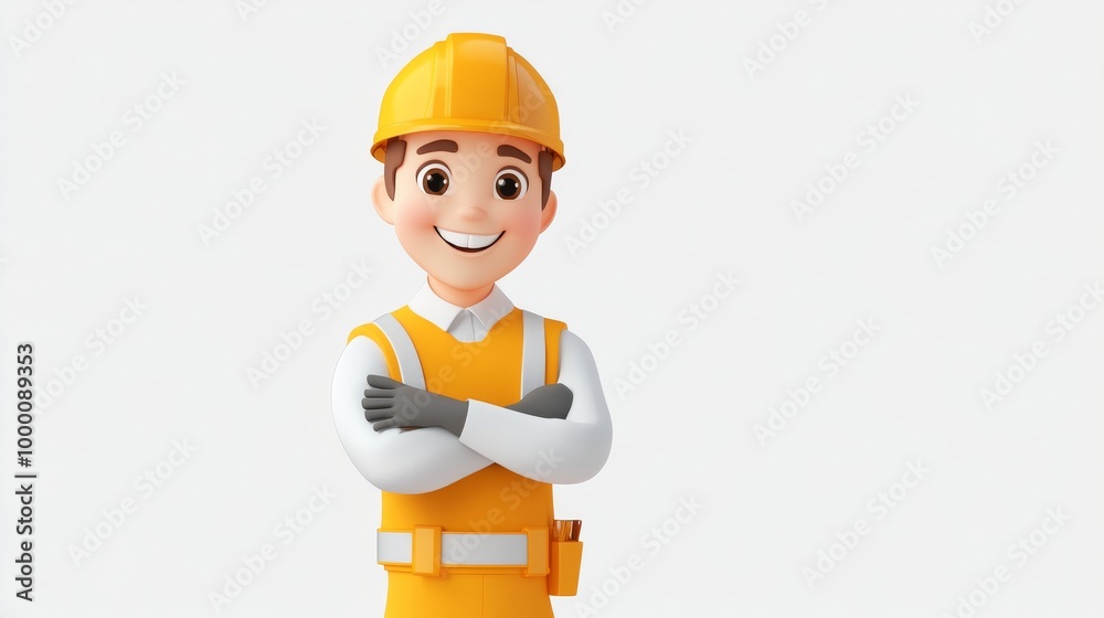 A cartoon man in a yellow shirt and a hard hat is smiling A cartoon man in a yellow shirt and a hard hat is smiling