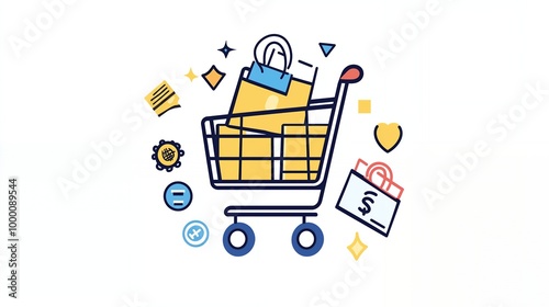 a drawing of a shopping cart with a box with a card 