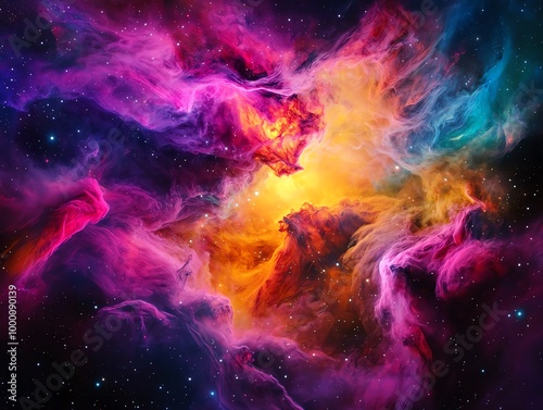 Vibrant nebula with swirling colors of purple, pink, orange, and blue in outer space, full of stars and cosmic beauty.