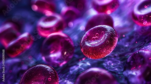 Macro view of vibrant red blood cells in motion against a purple background, suitable for medical, science, and health-related content, presentations, and educational materials, photo