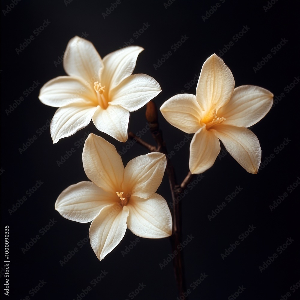 Fototapeta premium Three delicate white flowers with soft petals and bright yellow centers set against a dark background, Perfect for nature-themed designs, floral prints, greeting cards, and elegant decor,