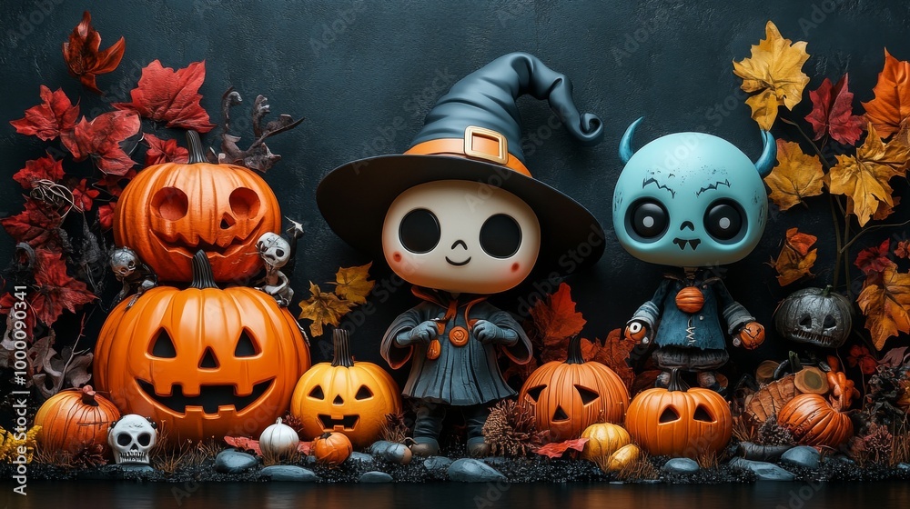 Cute Halloween Characters with Pumpkins and Spooky Autumn Decorations Cute Halloween Characters with Pumpkins and Spooky Autumn Decorations