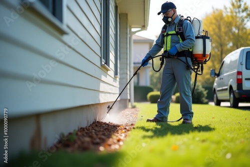 Pest control worker spraying insecticide around house exterior, professional exterminator with protective gear, residential pest management service photo