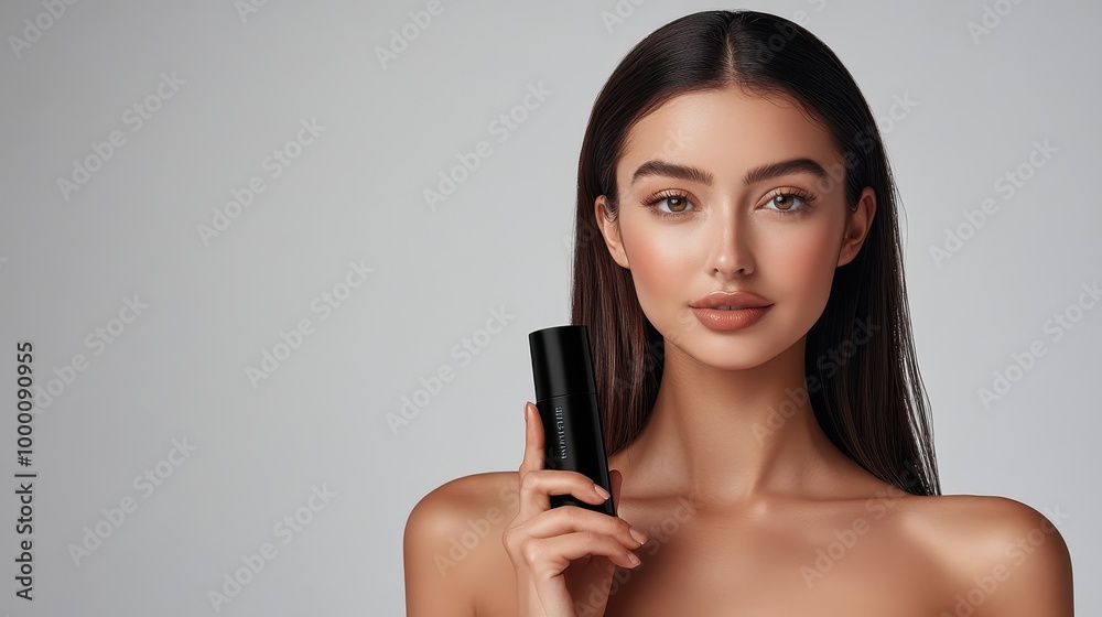 A front view of an elegant woman, with sleek straight hair and perfect skin, gracefully displaying a luxury cosmetic cream tube in a professional photoshoot. A front view of an elegant woman, with sleek straight hair and perfect skin, gracefully displaying a luxury cosmetic cream tube in a professional photoshoot.