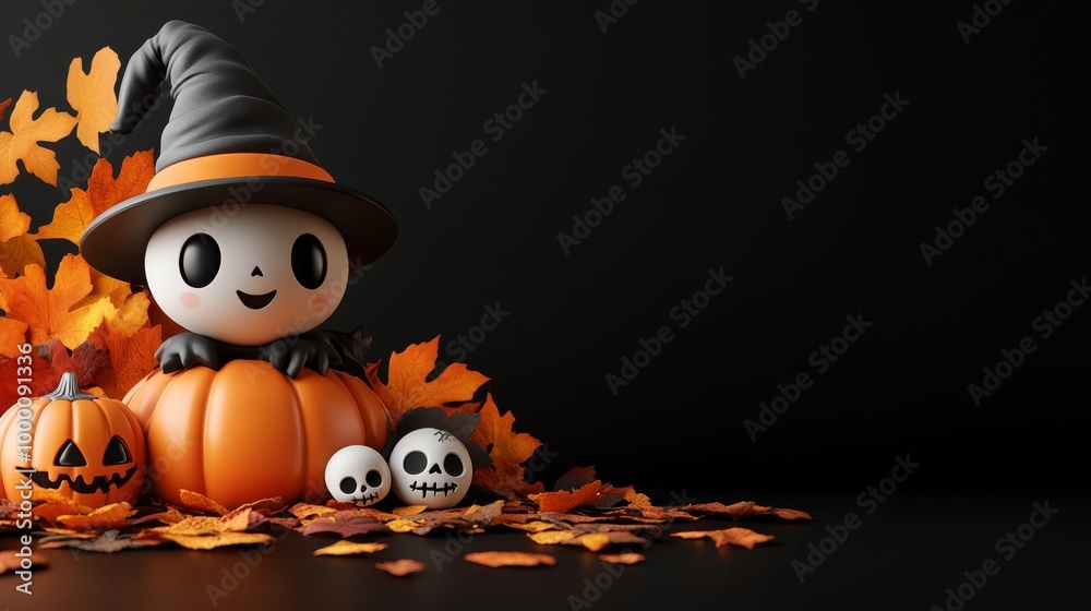 Cute Halloween Characters with Pumpkins and Spooky Autumn Decorations Cute Halloween Characters with Pumpkins and Spooky Autumn Decorations