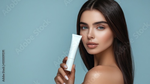 A professional photo featuring an elegant woman with straight hair, holding a simple luxury cosmetic cream tube, her flawless complexion radiating beauty.