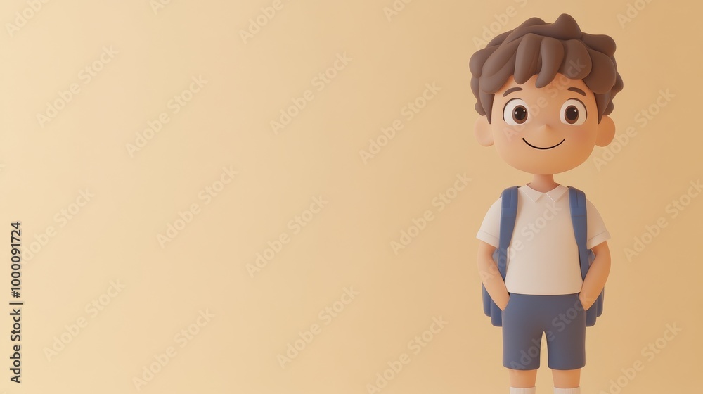 A cartoon boy with a backpack is standing in front of a yellow background A cartoon boy with a backpack is standing in front of a yellow background