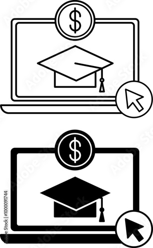 Tuition Cost Icons. Black and White Vector Icons. Laptop, Graduation Cap, and Dollar Sign. Online Course Payment. Online Education Concept