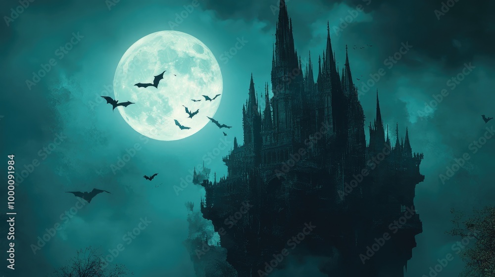 Dark castle floating in the air under a bright full moon, with bats casting long shadows across the sky.