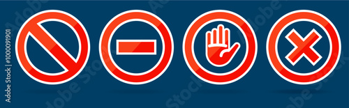 Collection de panneaux et pictogrammes d'interdiction - Interdit - Ne pas entrer - Avertissement - Illustration éditable de symboles d'interdits - Danger - Croix et main - Signes et icônes modernes