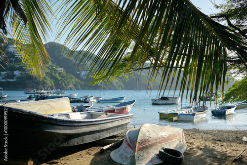 Fototapeta Naklejka Na Ścianę i Meble -  boats docked at Taganga beach near Santa Marta, Colombia