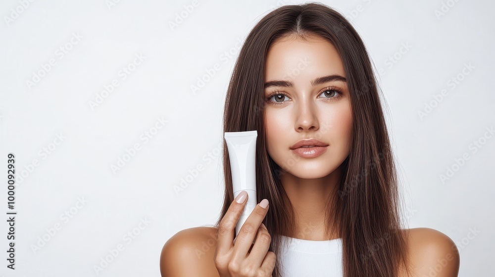 An elegant woman stands with a luxury cosmetic cream tube, her straight hair framing her flawless face beautifully against a clean white background. An elegant woman stands with a luxury cosmetic cream tube, her straight hair framing her flawless face beautifully against a clean white background.