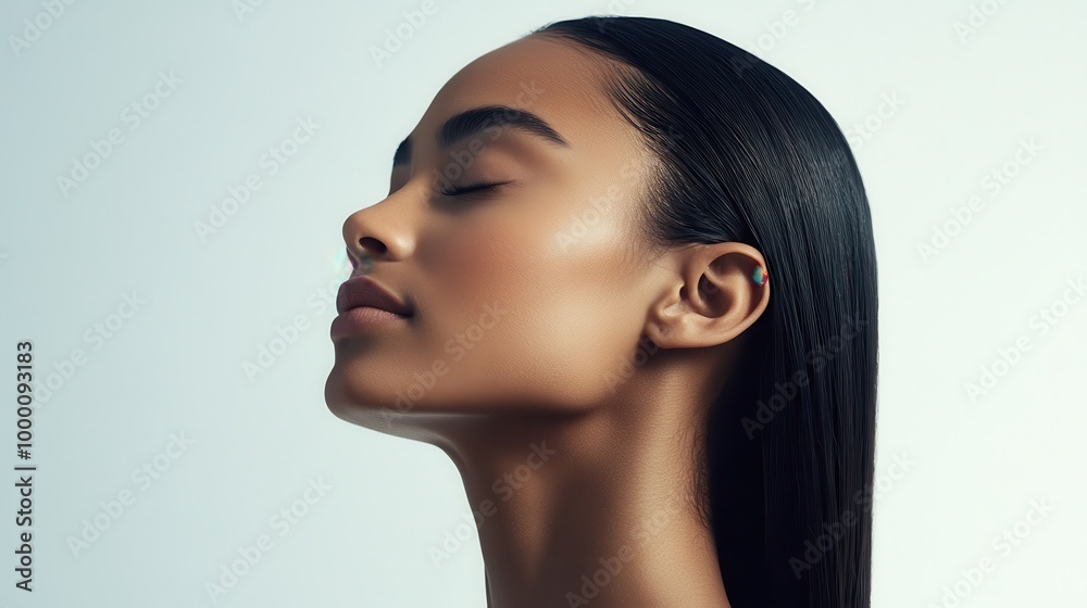 Naklejka premium Elegant woman, sleek straight hair, flawless skin, eyes softly closed, white background, delicate side view 