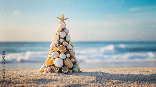 A unique Christmas tree made entirely of seashells on a sandy beach, Christmas tree made by seashells photo