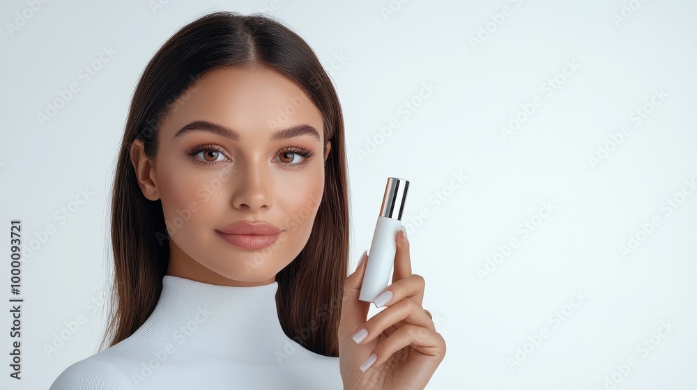 An elegant woman with straight hair and radiant skin holds a luxury cosmetic cream tube, conveying a sense of beauty and sophistication against a white backdrop. An elegant woman with straight hair and radiant skin holds a luxury cosmetic cream tube, conveying a sense of beauty and sophistication against a white backdrop.