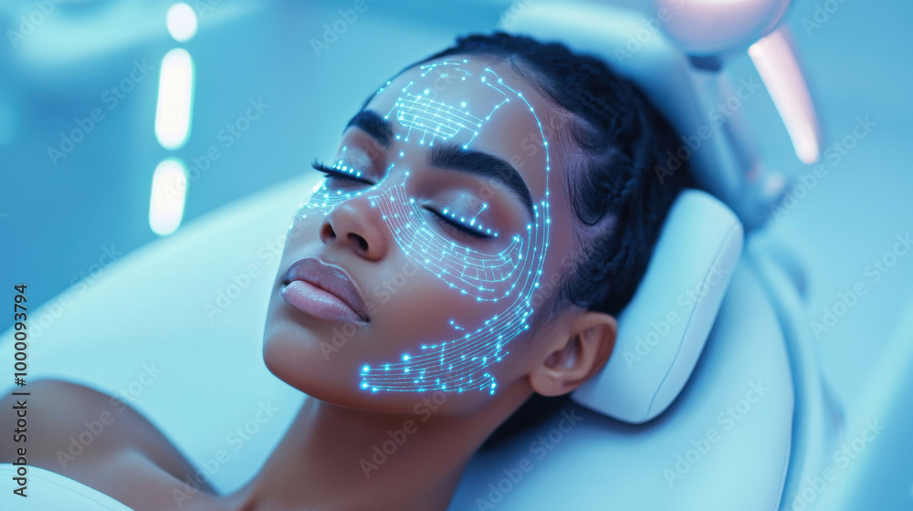 Woman with digital facial mapping on futuristic blue background in technological style. concept of advanced skincare technology and innovation Woman with digital facial mapping on futuristic blue background in technological style. concept of advanced skincare technology and innovation