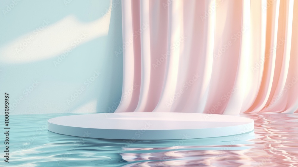 Pastel Podium Platform with Reflective Water Surface for Beauty Product Display Pastel Podium Platform with Reflective Water Surface for Beauty Product Display