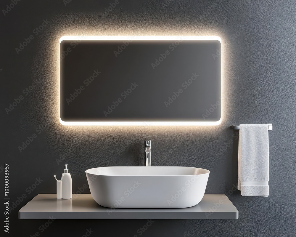 Bathroom with illuminated mirror, floating sink, and neutral walls, contemporary and sleek design Bathroom with illuminated mirror, floating sink, and neutral walls, contemporary and sleek design