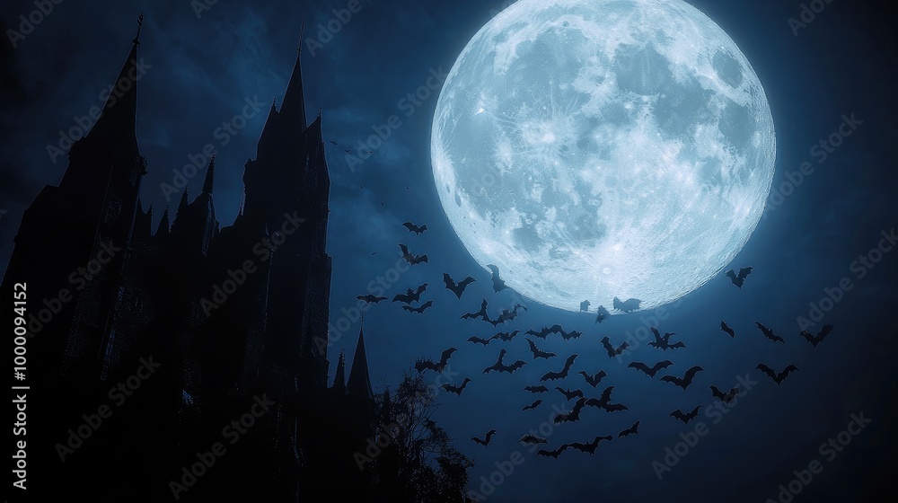Silhouette of a virtual castle hovering under a glowing full moon, with bats filling the shadowy night sky.