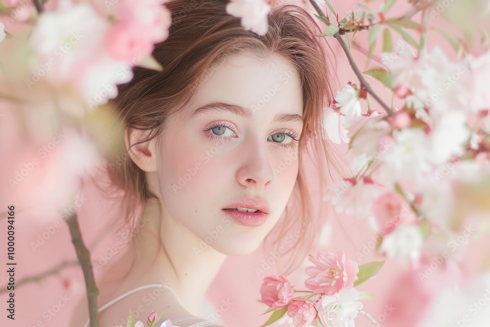 A beautiful young woman with flowers on a pink background. Romanticism, natural beauty, and nativeness. A beautiful young woman with flowers on a pink background. Romanticism, natural beauty, and nativeness.