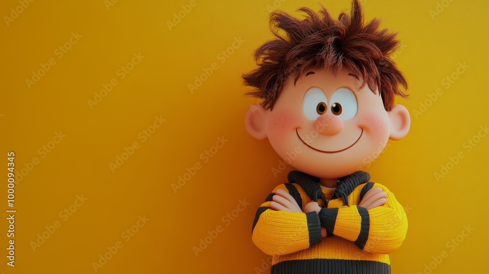 A cartoon boy with messy hair and a yellow sweater is smiling at the camera A cartoon boy with messy hair and a yellow sweater is smiling at the camera