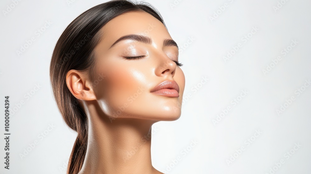 Elegant woman posing for skincare, straight hair, flawless skin, closed eyes, white background, front view, delicate, professional production shoot. Elegant woman posing for skincare, straight hair, flawless skin, closed eyes, white background, front view, delicate, professional production shoot.
