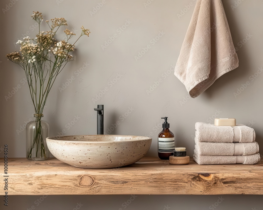 Rustic bathroom with distressed wood vanity and ceramic sink, earthy neutral tones, cozy atmosphere Rustic bathroom with distressed wood vanity and ceramic sink, earthy neutral tones, cozy atmosphere